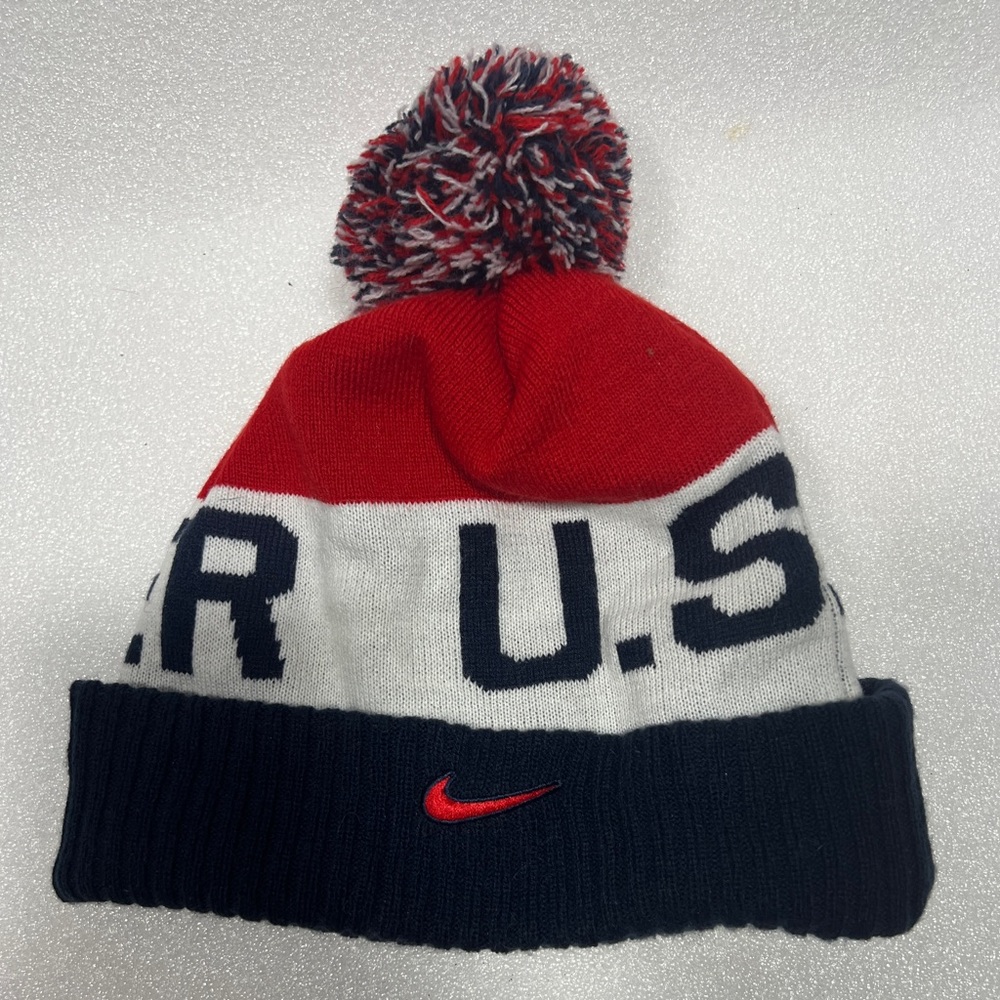 Nike Red, White, and Blue Pom-Pom Beanie